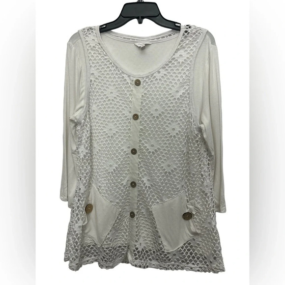 Coral Bay Lagenlook Top White Fishnet 3/4 Sleeve Tee Size XL - Picture 1 of 5